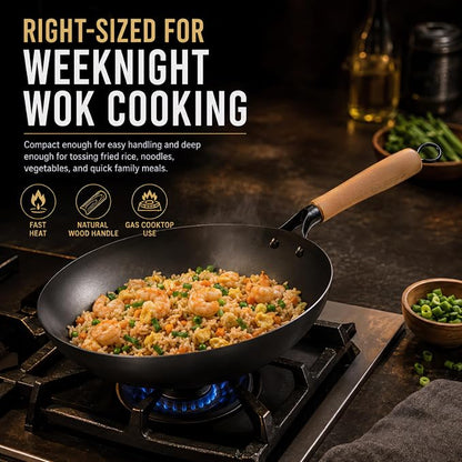 Calmabode 12” Round Bottom Carbon Steel Wok with Glass Lid | Traditional Chinese round-bottom wok for gas stoves, nitrided carbon steel, glass lid, ideal for wok hei and stir-fry