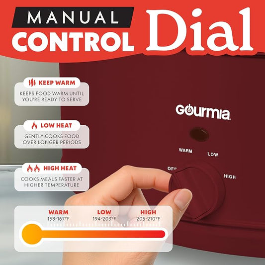 Gourmia Slow Cooker - 7 Quart Removable Ceramic Pot, Manual Controls with 3 Temperature Settings, Dishwasher Safe Crock and Glass Lid, Red