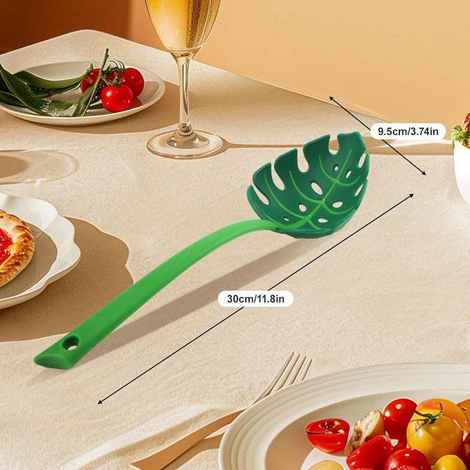 Green Leaf Kitchen Spoon, Turtle Back Design for Noodles and Vegetables, Nonstick Cooking Utensil with Drainage Hole, 3 Pack