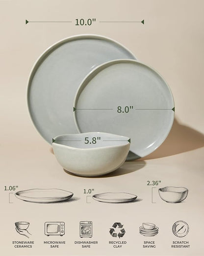 Pokini Large Holiday Dinnerware Sets for 8, Ceramic Plates and Bowls Set, Kitchen Dish Set, Microwave & Dishwasher Safe Dishware, Perfect for Christmas & Thanksgiving, Gray Green