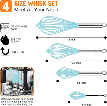 HOTEC 4 Pieces Silicone Whisks Set, Wire Balloon Whisks for cooking Egg Beater, Non-slip Handle Whisk for Non-stick Cookware Perfect for Cooking, Stirring, Beating and Blending,Blue