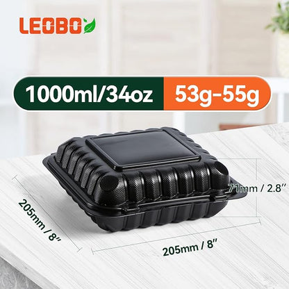 8 Inch 34oz 55-Pack Black To Go Boxes - Shrink Wrapped No Pre-Wash | BPA Free Sturdy Reusable & Elegant | Microwave Safe for Hot Meals, Leftovers & Events | Disposable Takeout Food Containers