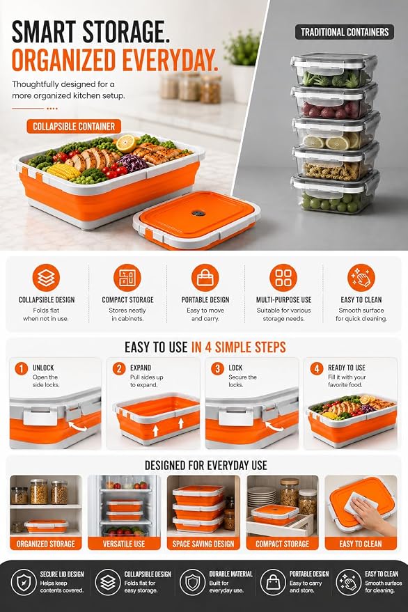 Pamper Paws 2-pack XL Collapsible BBQ Prep Tub with Cutting Board – Foldable Food Prep Container for Outdoor Cooking & Kitchen Use – Space Saving Collapsible Wash Tub, Portable BBQ Prep Tub (Orange)