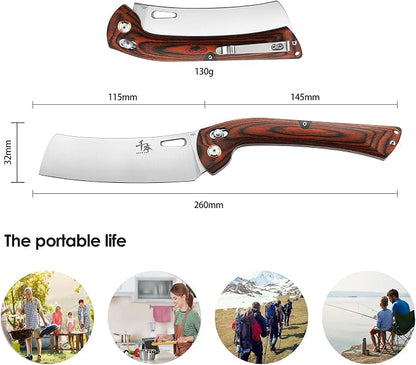SENBON 440 Stainless Steel Super Sharp Folding Chef Knife - Colorful Wood Handle - Portable Kitchen Knife for Camping, Barbecue, Outdoor Use