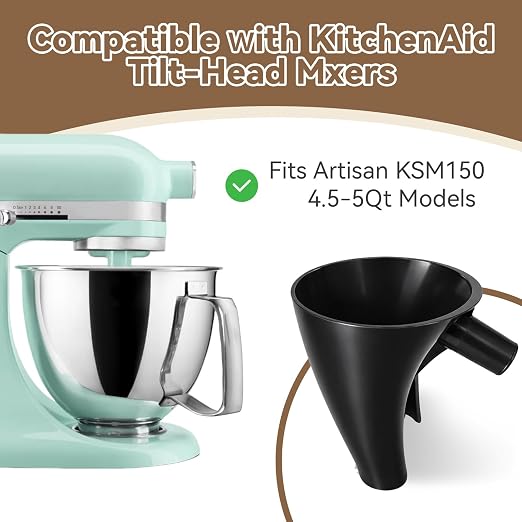 Flour Funnel for KitchenAid Tilt-Head Stand Mixer 4.5 & 5 Qt (KSM150), 5 Qt Anti-Splash Attachment, Easy to Use Kitchen Aid Flour Funnel for Baking (Black)