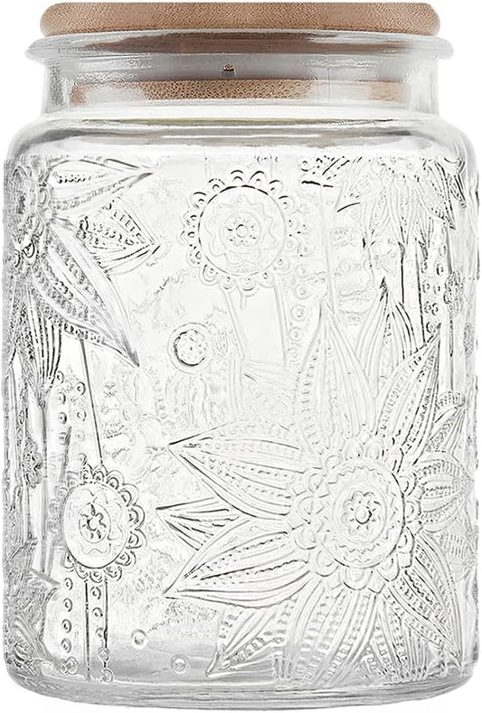 Custde 23.7 fl oz Vintage Glass Jar with Bamboo Lid - Airtight Decorative Food Storage Canisters for Kitchen Counter, Ideal for Candy, Sugar, Coffee, Tea, Cute jar(Sunflower*1)