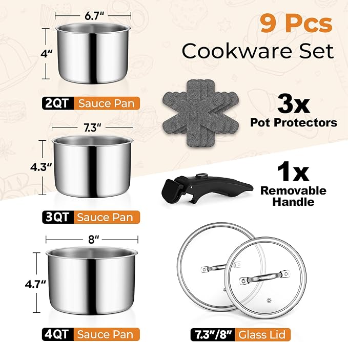 P&P CHEF Tri-Ply Cooking Pots and Sauce Pans, 9Pcs Stainless Steel Cookware Set with Removable Handle, Induction 2Qt Saucepan, 3Qt Small Pot & 4Qt Stock Pot, Oven & RV Safe to 500℉, Dishwasher Safe