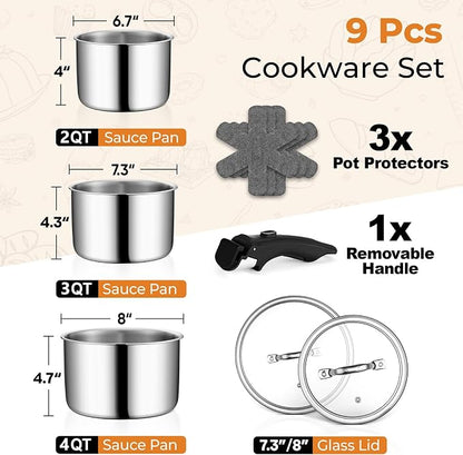 P&P CHEF Tri-Ply Cooking Pots and Sauce Pans, 9Pcs Stainless Steel Cookware Set with Removable Handle, Induction 2Qt Saucepan, 3Qt Small Pot & 4Qt Stock Pot, Oven & RV Safe to 500℉, Dishwasher Safe
