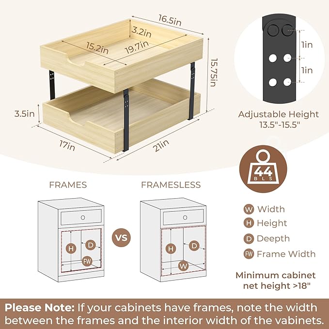 COOLBEBE 2 Tier Pull Out Drawers for Cabinets, 17"W x 21"D Double Tier Slide Out Wood Drawer Shelf Organizer, Soft Close Heavy-Duty Cabinet Pull Out Shelves for Kitchen Pantry Bathroom Storage