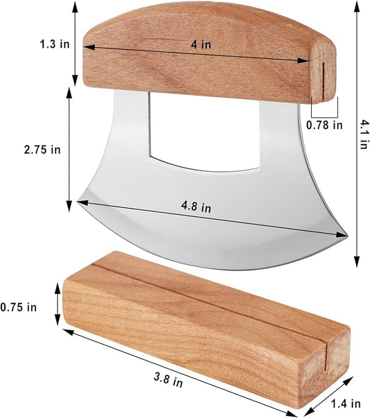 Hanaive 2 Pack 4 x 5 Inch Mezzaluna Ulu Knife Salad Veggies Rocker Chopper Slicer Cutter Mezzaluna Knife with Wooden Display Stand for Kitchen Cutting Chopping Knives Chef Cleaver Arthritic Tool