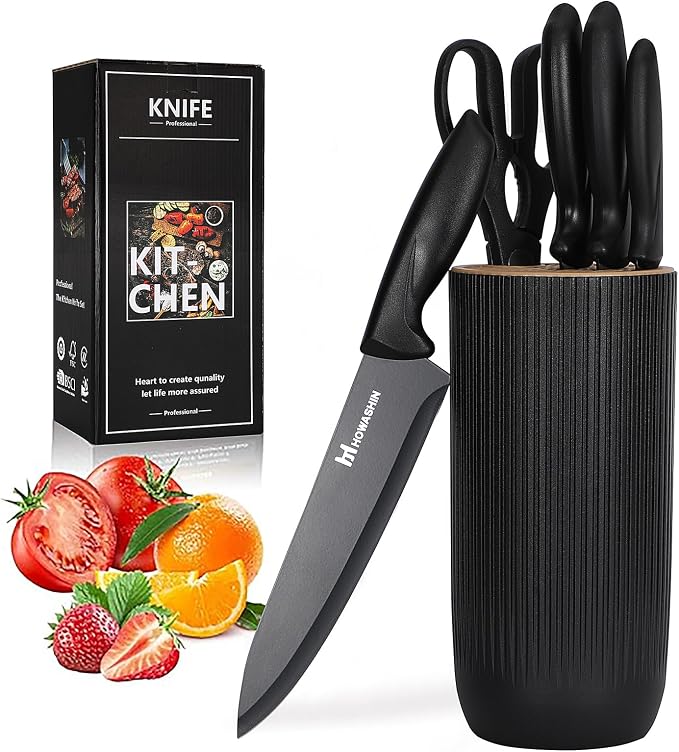 6-Piece Black Kitchen Knife Set with Block - Non-stick Stainless Steel, Anti-Rust Knives for Cooking, Slicing & Baking, Perfect for Home Chefs & Culinary Enthusiasts
