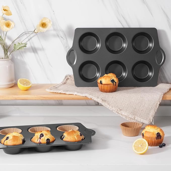 HONGBAKE Nonstick Jumbo Muffin Pan, 2 Pack Large Cupcake Tin with 120pcs Muffin Liners, Cup Cake Tray for Baking, 3.5dia, 6 Cup, Premium, Extra Thick