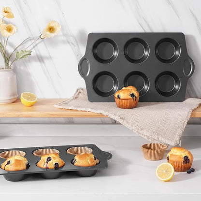HONGBAKE Nonstick Jumbo Muffin Pan, 2 Pack Large Cupcake Tin with 120pcs Muffin Liners, Cup Cake Tray for Baking, 3.5dia, 6 Cup, Premium, Extra Thick