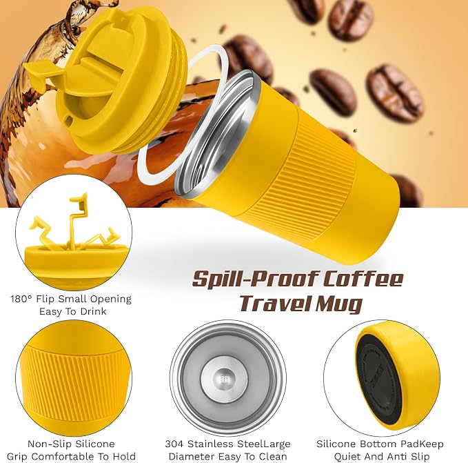 SPLMIFA Vacuum-Insulated Stainless Steel Travel Coffee Mug, Leak-Proof Reusable Coffee Cup with Lid-Keeps Drinks Hot & Cold for Hours, Durable Double Wall Tumbler for Men & Women (3rd-Yellow, 17OZ)