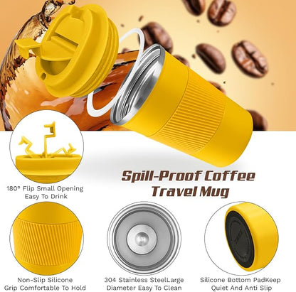 SPLMIFA Vacuum-Insulated Stainless Steel Travel Coffee Mug, Leak-Proof Reusable Coffee Cup with Lid-Keeps Drinks Hot & Cold for Hours, Durable Double Wall Tumbler for Men & Women (3rd-Yellow, 17OZ)