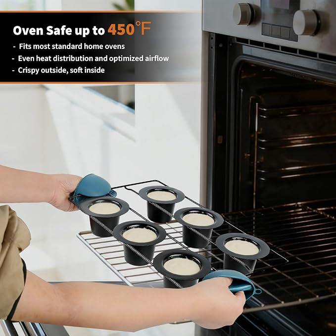 Nonstick Popover Pans, 2Pack Popover Baking Pans with Cooling Rack, 12-Cavity Pop Over & Yorkshire Pudding Pan, Individual Cups for Even Heating, Versatile for Cupcakes, Muffins, Brioche, Carbon Steel