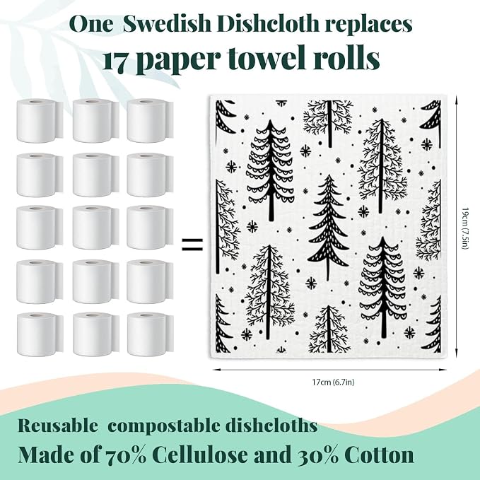 Christmas Pine Tree Swedish Dishcloths for Kitchen, Swedish Dish Cloths for Pine Tree, Black and White Christmas Towels, 4 Pack for Papaya Reusable Paper Towels Washable, Sponge Cloths