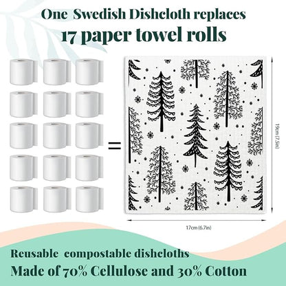 Christmas Pine Tree Swedish Dishcloths for Kitchen, Swedish Dish Cloths for Pine Tree, Black and White Christmas Towels, 4 Pack for Papaya Reusable Paper Towels Washable, Sponge Cloths