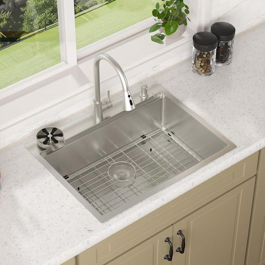 Lordear 28 Inch Drop In Kitchen Sink with Faucet 16 Gauge Stainless Steel Single Bowl 28x22x9 Topmount Kitchen Sink with Glass Rinser Workstation Sinks with Soap Dispenser