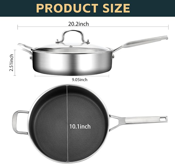 Yeksum 3QT Nonstick Saute Pan with Lid, 10-Inch Tri-Ply Deep Frying Pan & Large Skillet, Dishwasher & Metal Utensil Safe, Stay Cool Handle, All Stovetop + Oven Compatible (600℉)