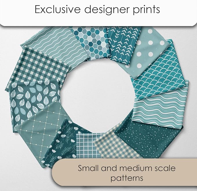 Cotton Satin Patchwork Fabric Panel – 35 Designs, 20×20 cm Squares, Single Piece 150×110 cm, Green Patchwork Quilt Fabric (Turquoise Waves Patchwork Set, 35pcs 8x8 inch)