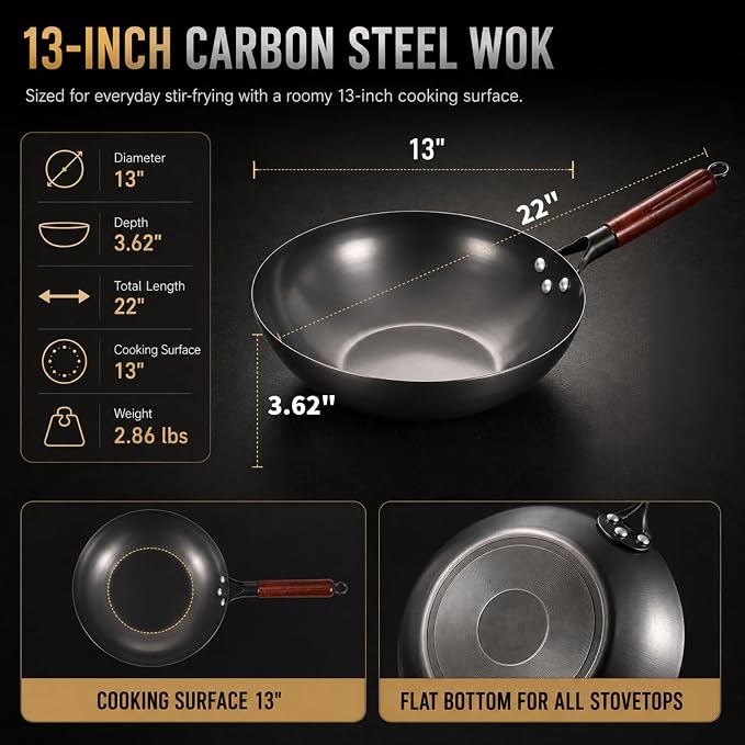 Calmabode 13” Large Flat Bottom Carbon Steel Wok with Glass Lid | Large deep wok, pre-seasoned nitrided carbon steel, amber glass lid, ideal for big family stir-fry, frying and hearty meals