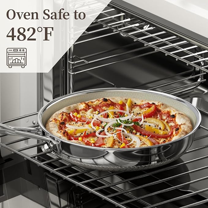 Non Stick Frying Pan with Lid, 12 Inch Ceramic Hybrid Tri-Ply Stainless Steel Frying Pans Nonstick W/Lid, Large Induction Skillet Frying Pans for Cooking, Metal Utensil&Dishwasher&Oven Safe, PFAS Free