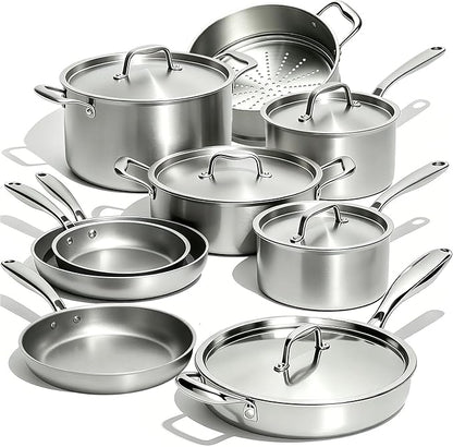 Umite Chef Stainless Steel Cookware Set, 5 Ply 14 Piece Stainless Steel Pot and Pan Set-Induction, Heavy Chef Quality, Oven Safe | Professional Kitchen Cooking Appliances, PFOA, PTFE & PFOS Free