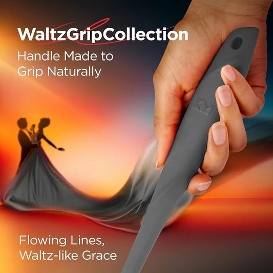 Kitchen Mama WaltzGrip Platinum Silicone Scraping Spatula: Heat Resistant, Seamless, Non Stick for Frying Pan Cookware, Safe, Flexible Bowl Scraper - Ideal for Mixing, Baking, Stirring (Metal Gray)
