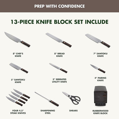 GreenPan Elite 13 Piece Wooden Knife Block Set, Professional Stainless Steel Blades with Titanium Coating, Ultra-Sharp Kitchen Cutlery, Chef, Santoku, Bread & Steak Knives, Ergonomic Brown Wood Handle