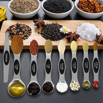 16 Pieces Measuring Cups and Magnetic Measuring Spoons Set Stainless Steel,8 Measure Cups with Silicone Handle and 7 Double Sided Magnetic Measure Spoons & 1 Leveler