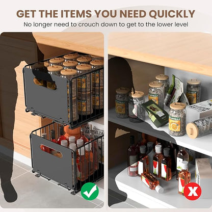 2 Pack Pull Out Cabinet Organizer, Heavy Duty Slide Out Drawer with No Drill Adhesive or Screw Mount, Carbon Steel Roll Out Shelf for Kitchen Cabinet, Pantry & Bathroom Storage