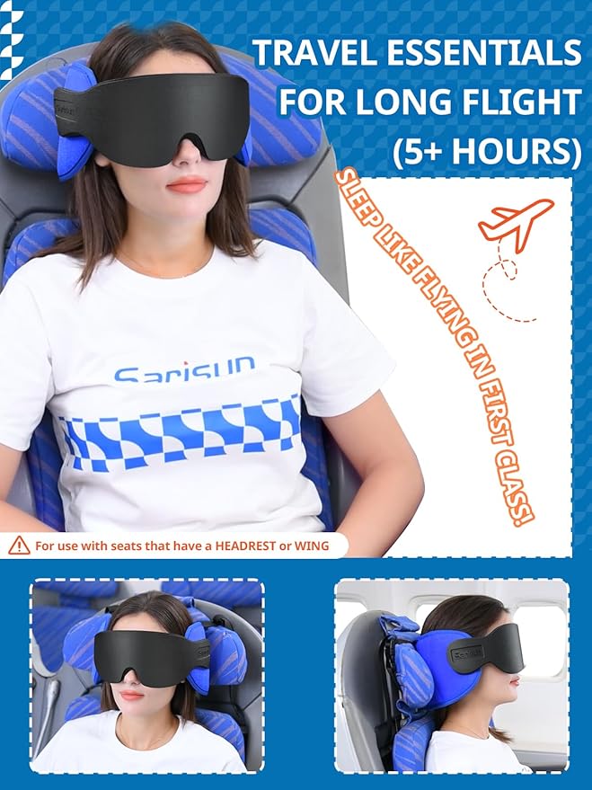 SARISUN Travel Pillows for Airplanes, Airplane Pillow for Long Flight, Airplane Head Strap with Sleep Eye Mask, 360° Headrest for Car Trip, Stop Bobblehead, Mottled Grey