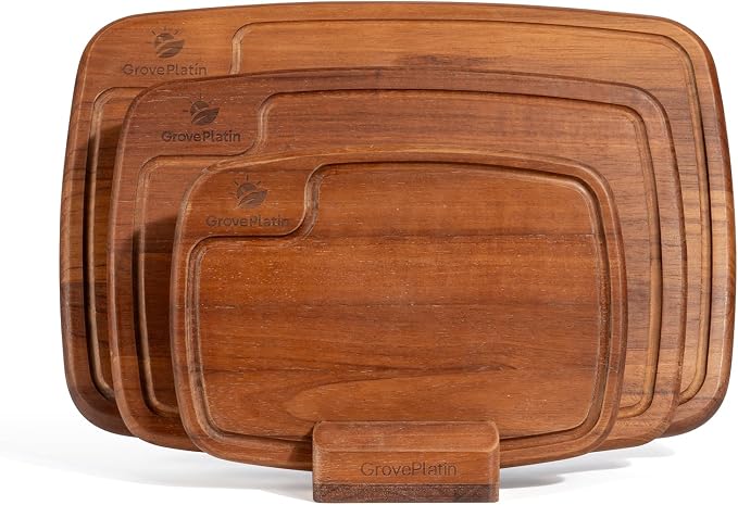 Dark Oak Wood Cutting Boards for Kitchen (Set of 3), Heavy Duty Chopping Board with Deep Juice Groove, Reversible Designed, Storage Stand & Oiling Brush