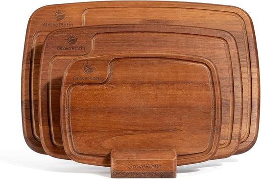 Dark Oak Wood Cutting Boards for Kitchen (Set of 3), Heavy Duty Chopping Board with Deep Juice Groove, Reversible Designed, Storage Stand & Oiling Brush