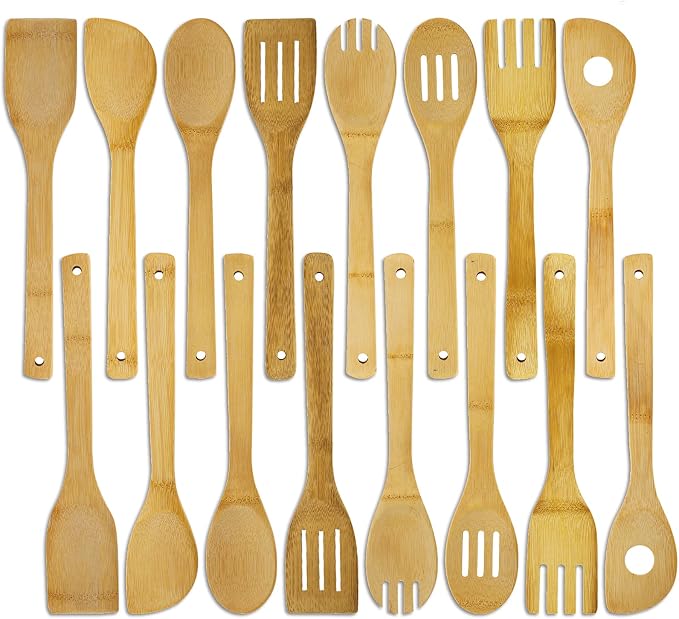 DEAYOU 16 PCS Bamboo Kitchen Utensils, Wood Spoons Spatula Set for Cooking, Nonstick Natural Cooking Utensils for Cookware, Wok, Everyday Use, Mothers Day Gifts, Housewarming Gifts