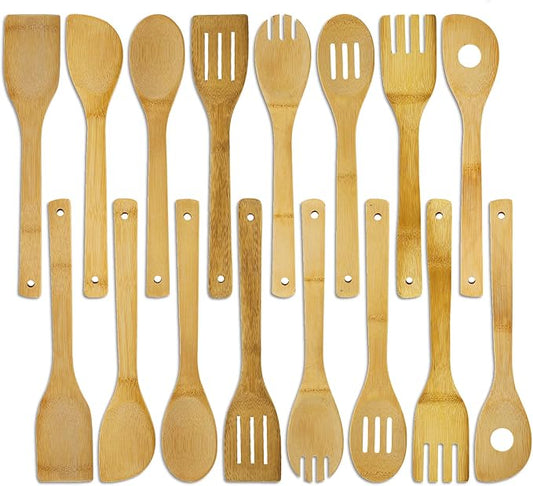 DEAYOU 16 PCS Bamboo Kitchen Utensils, Wood Spoons Spatula Set for Cooking, Nonstick Natural Cooking Utensils for Cookware, Wok, Everyday Use, Mothers Day Gifts, Housewarming Gifts