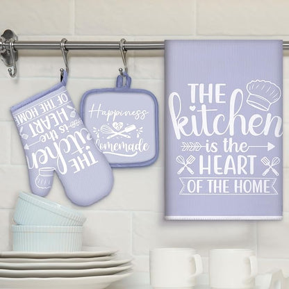 Sratte 6 Pcs Kitchen Decor Accessories Set Farmhouse Towels Pot Holders Oven Mitts Set 2 Dish Towels 2 Potholders 2 Cooking Mittens Oven Glove for Christmas Baking Cooking(Dreamy Purple,Kitchen)