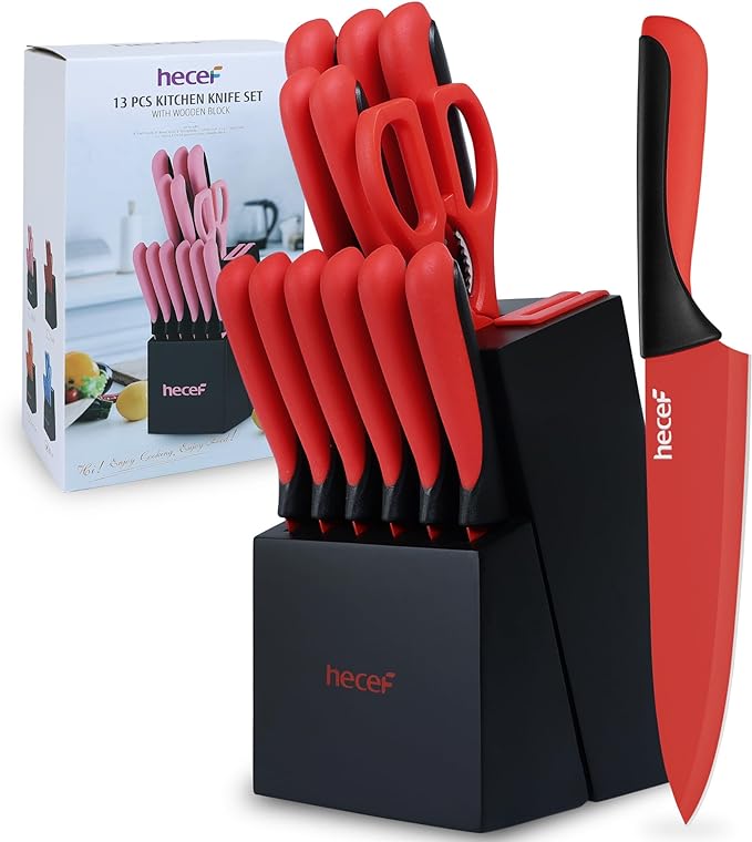 hecef 14 Pieces Kitchen Knife Set with Built-in Sharpening Wooden Block, Dishwasher Safe, High Carbon Stainless Steel Knife Block Set with Steak Knives, Kitchen Scissors (Red)