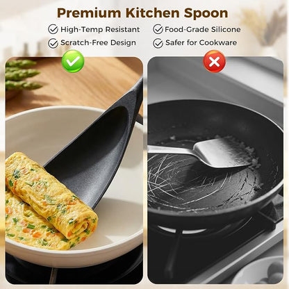 Silicone Cooking Spoon for Nonstick Cookware – 2-Pack Wooden Handle Spatula, Multi-Function Kitchen Tool for Stirring, Scooping, Scraping & Serving, Heat-Resistant(Black, 12.8 Inch)