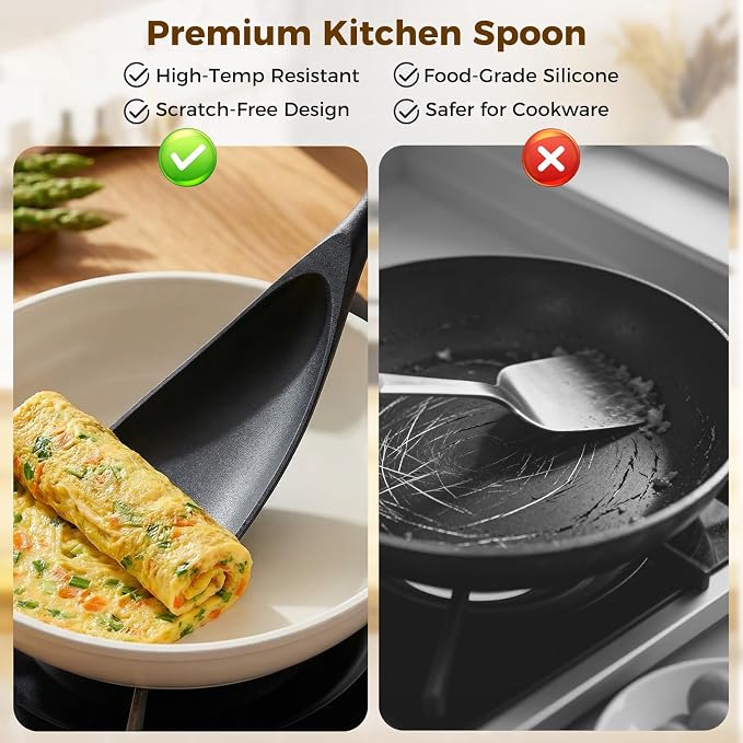 Silicone Cooking Spoon for Nonstick Cookware – Wooden Handle Spatula Spoon, Multi-Function Kitchen Tool for Stirring, Scooping, Scraping & Serving, Heat-Resistant(Black, 12.8 Inch)