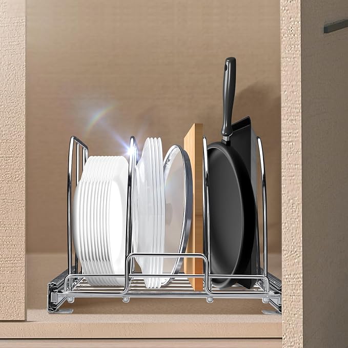 VEVOR Pan and Pot Rack, Expandable Pull Out Under Cabinet Organizer, Cookie Sheet Baking Pans tray Organization, Adjustable Wire Dividers, Steel Lid Holder for Kitchen Cabinet & Pantry Storage, 11.7"W