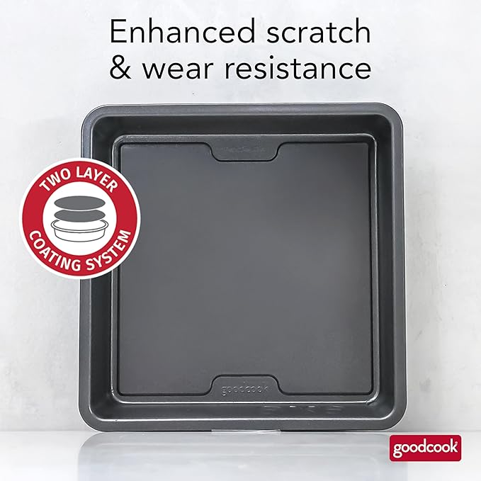 GoodCook PRO Square Cake Pan Nonstick Warp & Scratch-Resistant Dishwasher-Safe Carbon Steel Construction for Even Baking Oven Safe to 480°F, 9 x 9-Inch, Gray