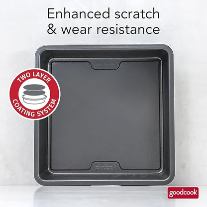 GoodCook PRO Square Cake Pan Nonstick Warp & Scratch-Resistant Dishwasher-Safe Carbon Steel Construction for Even Baking Oven Safe to 480°F, 9 x 9-Inch, Gray