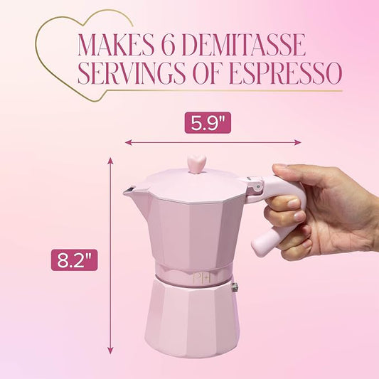 Paris Hilton Stovetop Espresso and Coffee Maker, Italian & Cuban Style Coffee Pot with Iconic Heart Knob, Perfect for Rich Aromatic Espresso, Makes up to 6 Espresso Cups, Pink