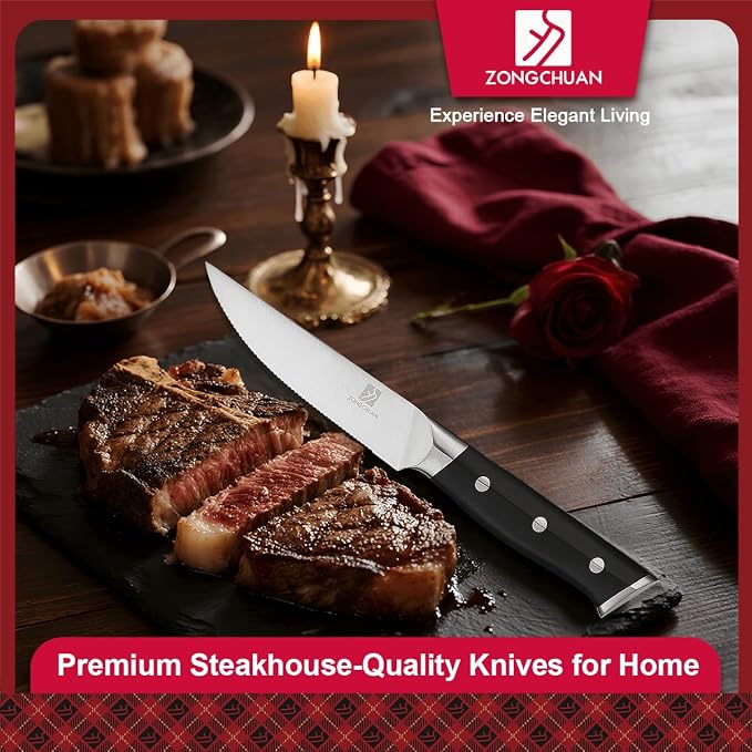 Medium Steak Knives Set of 6, 4.5 Inch High-Carbon Stainless Steel Serrated Steak Knife,Ergonomic Black Handles,Razor-Sharp, Dishwasher Safe, Rust-Resistant & Durable,Full Tang With Excellent Gift
