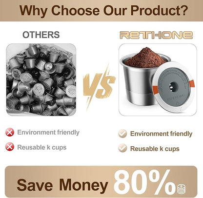 RETHONE K Cup Reusable Coffee Pods, Stainless Steel Reusable K Cups Coffee Filter Compatible with Keurig 1.0 & 2.0 Coffee Makers BPA-Free Refillable Coffee Filters (4 Pack)
