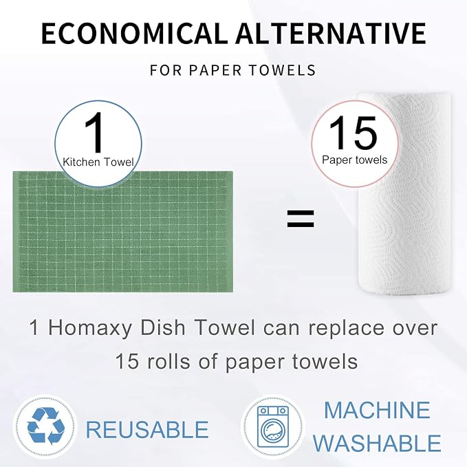 Homaxy 100% Cotton Terry Kitchen Towels(Grass Green, 20 x 28 inches), Checkered Designed, Soft and Super Absorbent Dish Towels, Large 4 Pack