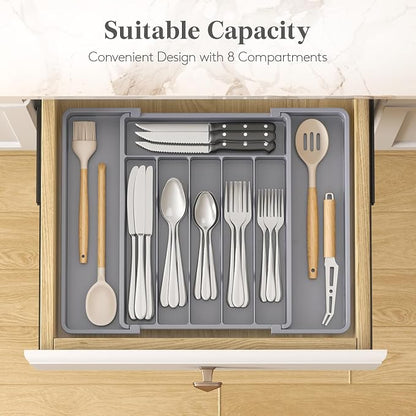 Lifewit Silverware Drawer Organizer, Expandable Utensil Tray for Kitchen, BPA Free Flatware and Cutlery Holder, Adjustable Plastic Storage for Spoons Forks Knives, 10.9"-17.5" x 13.7", Gray