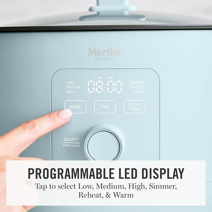 Martha Stewart 8 QT Slow Cooker, Programmable with Timer, 3 Heat Settings (Low, High, Warm), Nonstick Ceramic Removable Crock, Stovetop & Oven Safe, Glass Lid, Simmer, Reheat, Warm, Sky